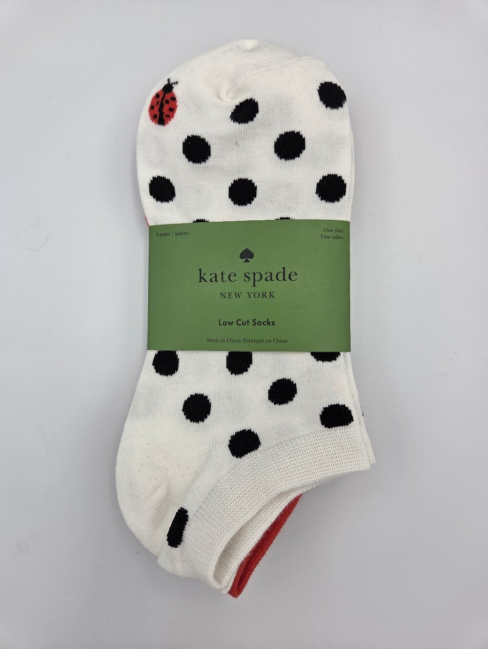 kate spade Womens 3 Pair low cut socks Red, Black & Polka Dot With Lady Bug Nwt